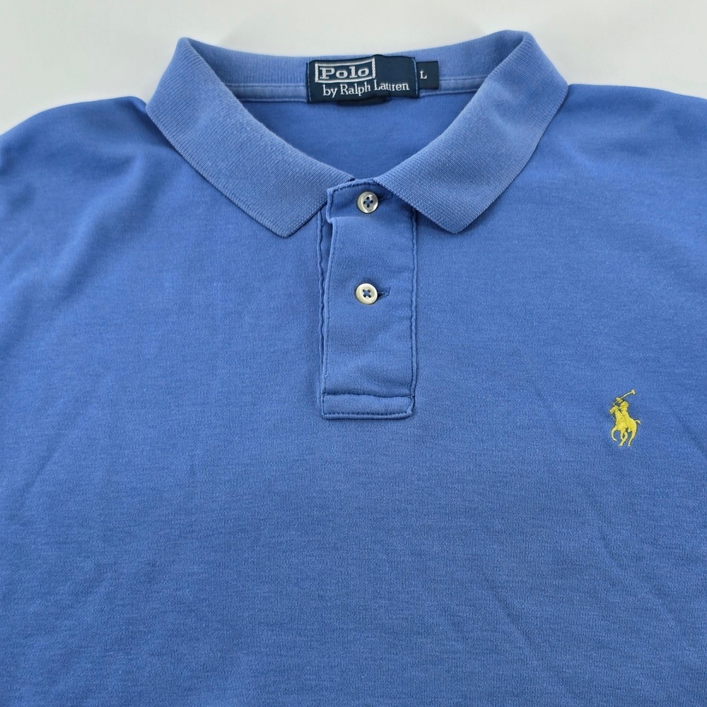 Polo Ralph Lauren Polo Shirt Mens Large Blue Yellow Pony Short Sleeve Jersey - Picture 2 of 12